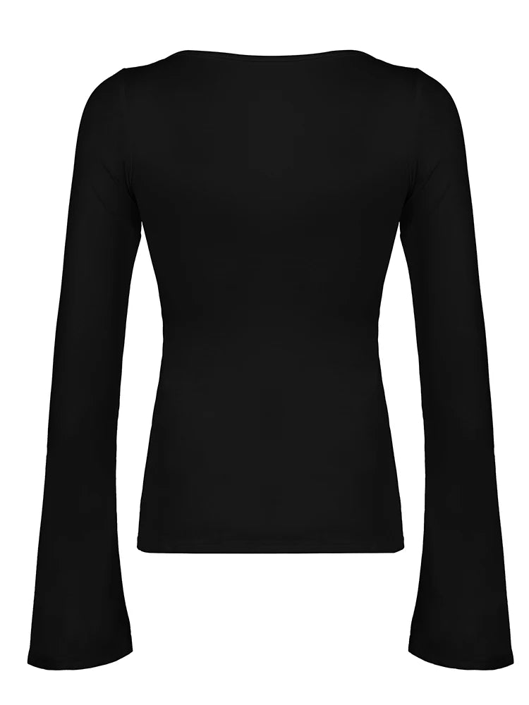 Black Tie V Neck Elegant Split Slim Sexy Blouses Women Flared Long Sleeve Solid Basic Fashion Spring Autumn Shirts