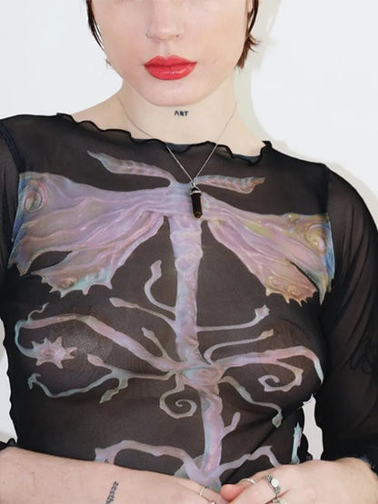 Abstract Print Graphic T Shirts For Women Clothes Y2k Accessories Mesh See Through Ropa De Mujer Bodycon Crop Top Quarter Sleeve