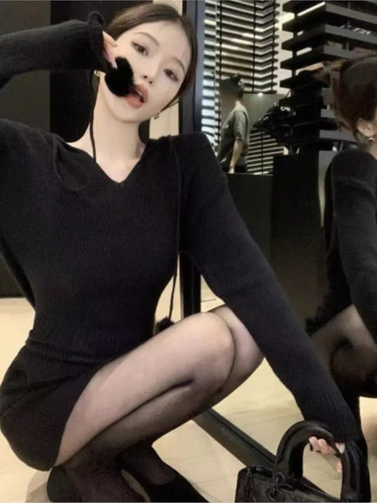 Autumn Women’s Knitted Dresses for Women Hoodies V-neck Long Sleeve Bodycon Short Dress Casual Korean Chic Vestidos Mujer New