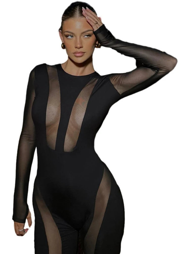 Black Bodycon Jumpsuits One Piece See Through Overalls for Women Club Outfits Knee Length Playsuit Long Sleeve Sexy Romper