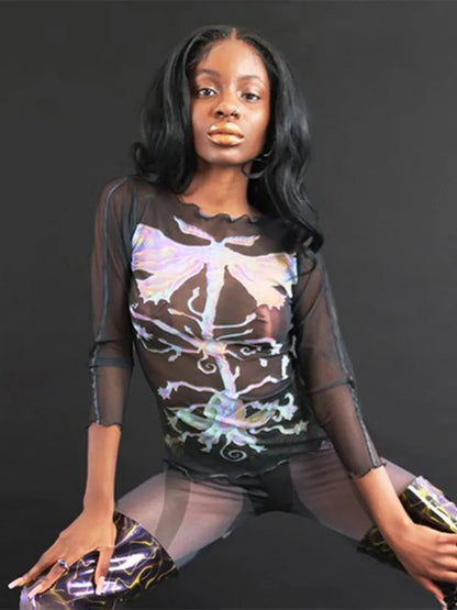 Abstract Print Graphic T Shirts For Women Clothes Y2k Accessories Mesh See Through Ropa De Mujer Bodycon Crop Top Quarter Sleeve