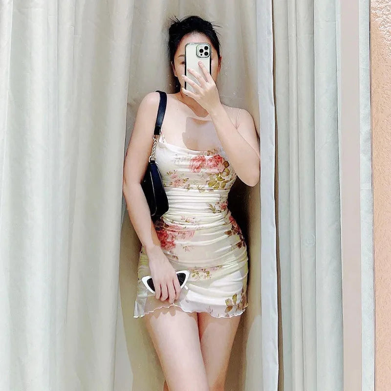 2000s Women Floral Mini Dress y2k Aesthetic Sleeveless Ruffles Hem Kawaii Sundress Sexy Sweet Girl Fairycore Dresses
