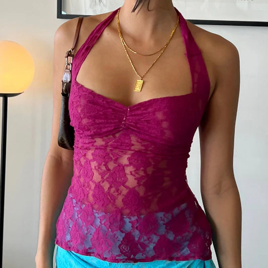 Tops cortos de encaje floral Y2K Coquette, malla transparente, sin espalda, mini chaleco Fairycore, estética retro de los años 00, camisola con cuello halter y lazo