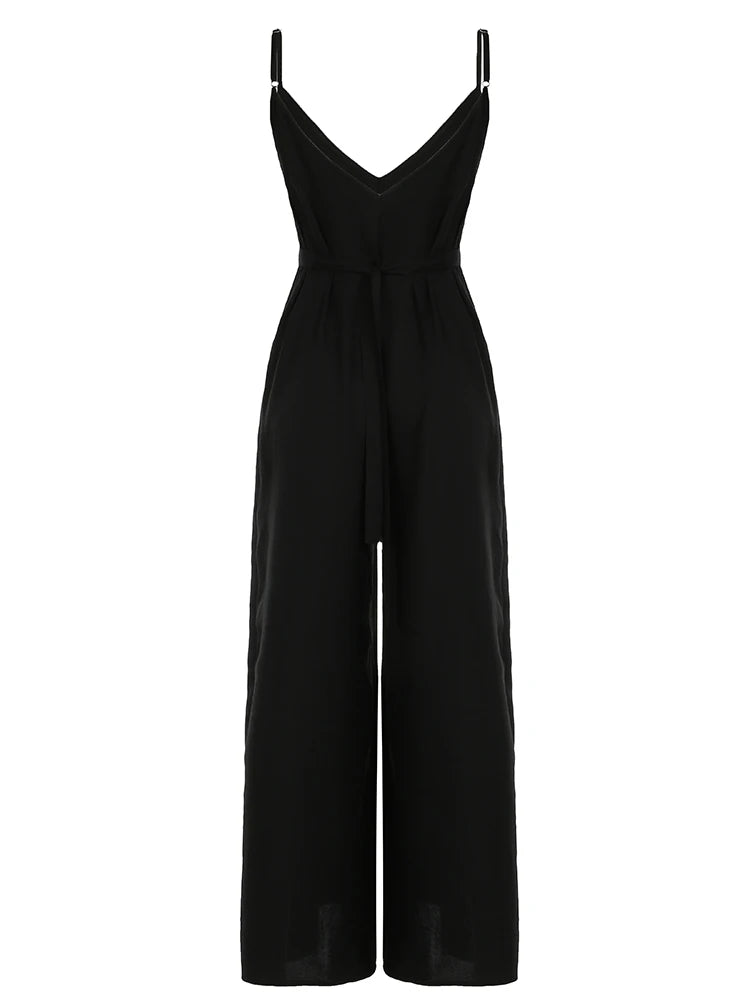 Monos bohemios negros informales holgados con cuello en V sin mangas para mujer, monos de pierna ancha con espalda descubierta y tirantes finos para vacaciones.