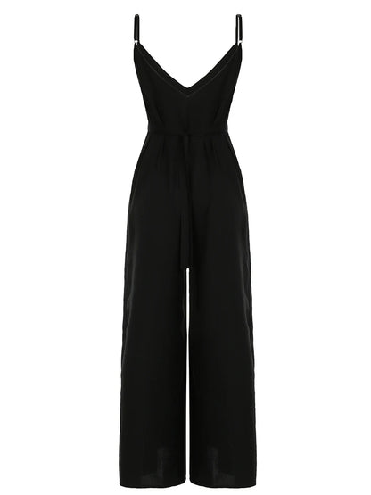 Monos bohemios negros informales holgados con cuello en V sin mangas para mujer, monos de pierna ancha con espalda descubierta y tirantes finos para vacaciones.