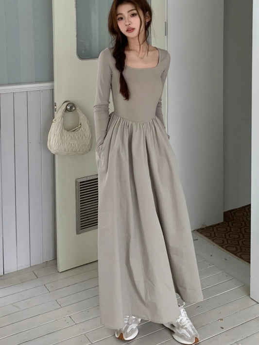 Casual Knitted Midi Dresses for Women Solid Long Sleeves Square Collar A-line Autumn New Elegant Dress Female Slim Vestidos