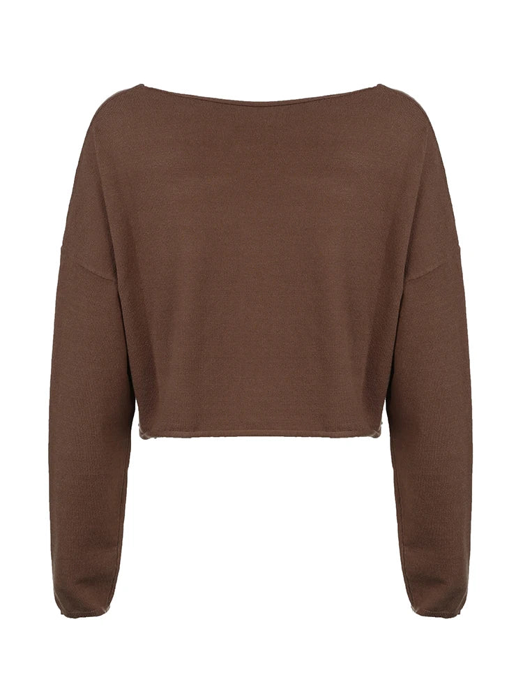 American Retro Casual Loose Knitted Pullover Jumpers For Women O Neck Long Sleeve Brown Solid Spring Autumn Sweaters