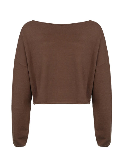 American Retro Casual Loose Knitted Pullover Jumpers For Women O Neck Long Sleeve Brown Solid Spring Autumn Sweaters