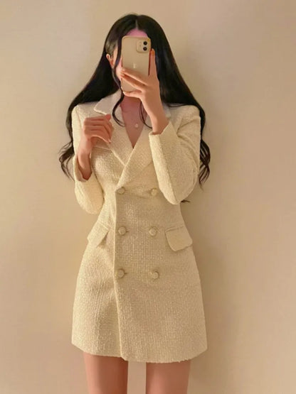 Autumn Winter Elegant Tweed Blazer Dress Double Breasted Slim Short Dresses for Women Korean Fashion Office Lady Coat Dress New