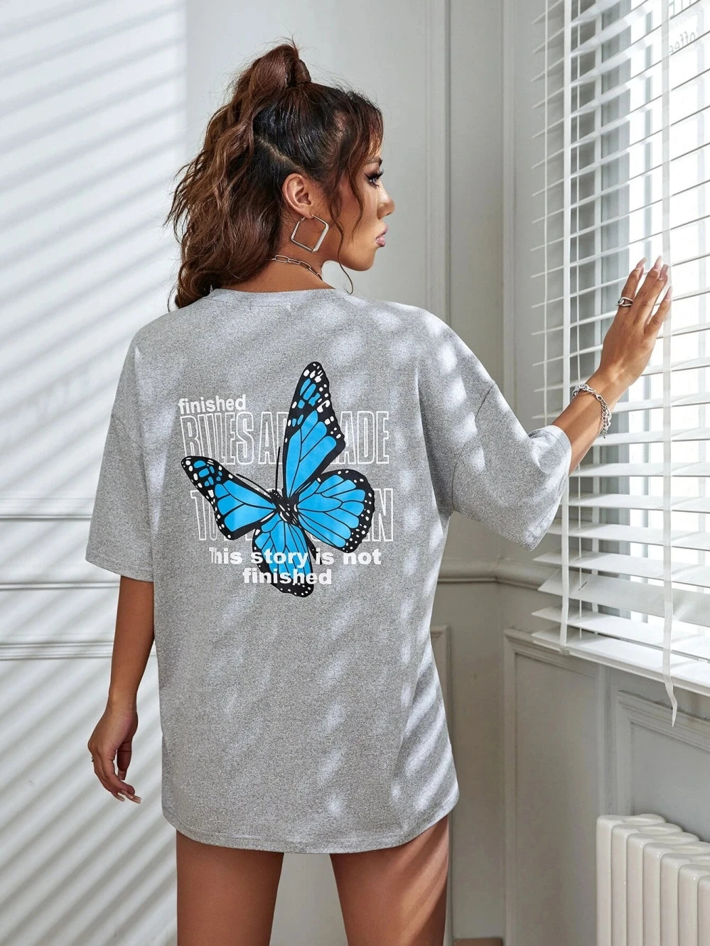 Art Word and Blue Butterfly Printed Women T-Shirt Casual Cotton Short Sleeve Breathable Summer T Shirt Street Clothing