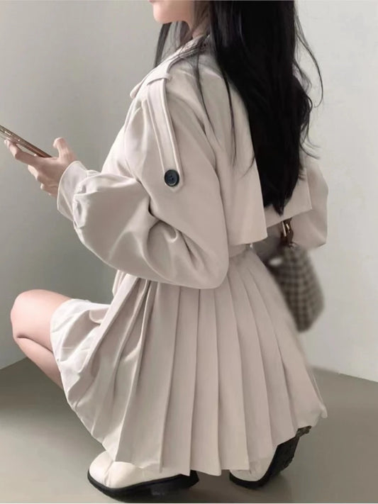 Autumn Korean Chic Elegant Trench Coat Pleated Dresses for Women Belt Turn-down Collar Double Breasted Solid Female Vestidos New