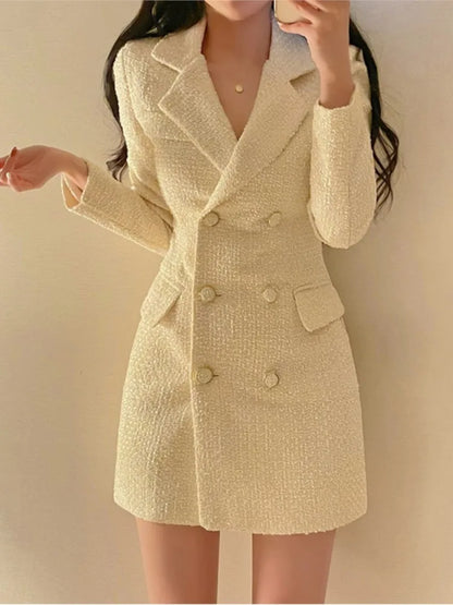 Autumn Winter Elegant Tweed Blazer Dress Double Breasted Slim Short Dresses for Women Korean Fashion Office Lady Coat Dress New