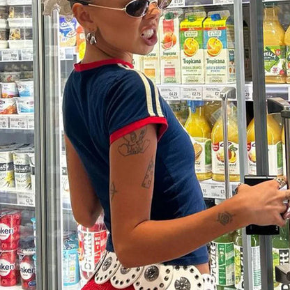 Camiseta minimalista con estampado digital informal de cuello redondo y manga corta para mujer, estilo europeo y americano, novedad Y2K para las cuatro estaciones