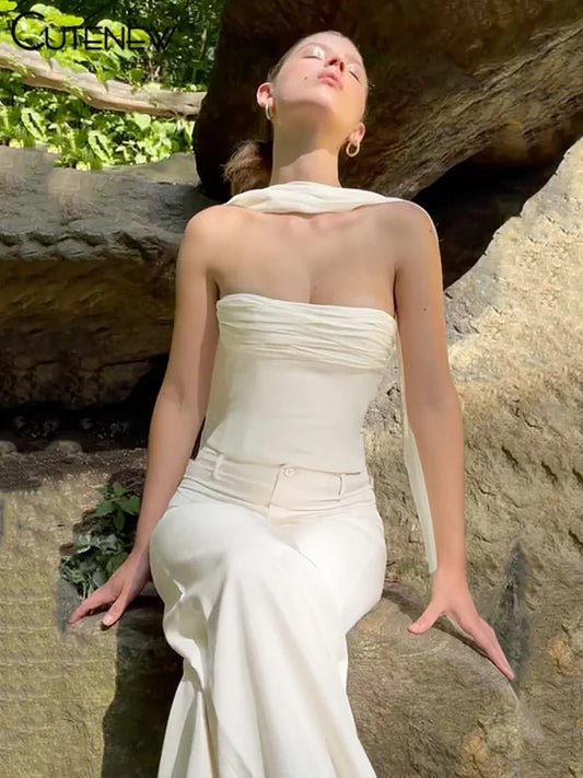 Chaleco tipo corpiño blanco con volantes para mujer, ropa interior moldeadora, camiseta interior ajustada, bufanda de seda con cuello colgante, ropa de verano para mujer