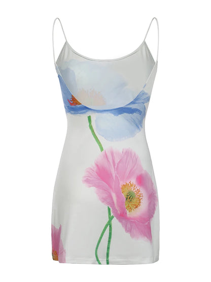 Backless Floral Print Romantic Vacation Boho Dress Women Sleeveless Sexy Summer Spaghetti Staps Short Dresses