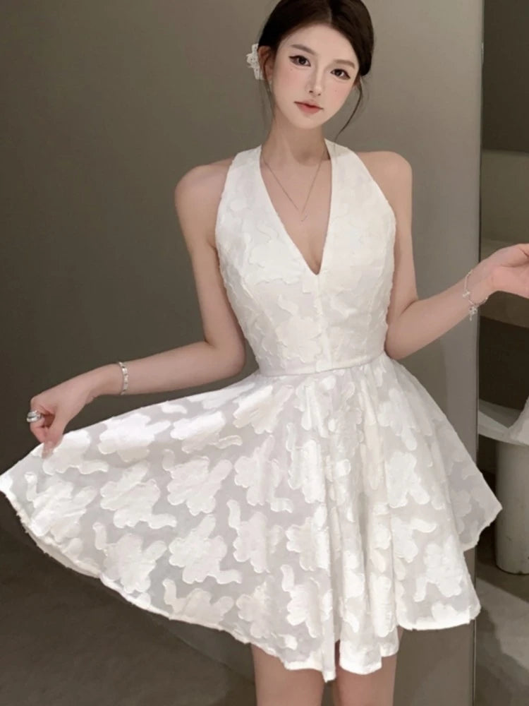 Y2K Halter Backless Short Dresses for Women V-neck Jacquard Sleeveless A-line Birthday Party Dress Prom Mini Vestidos Mujer New