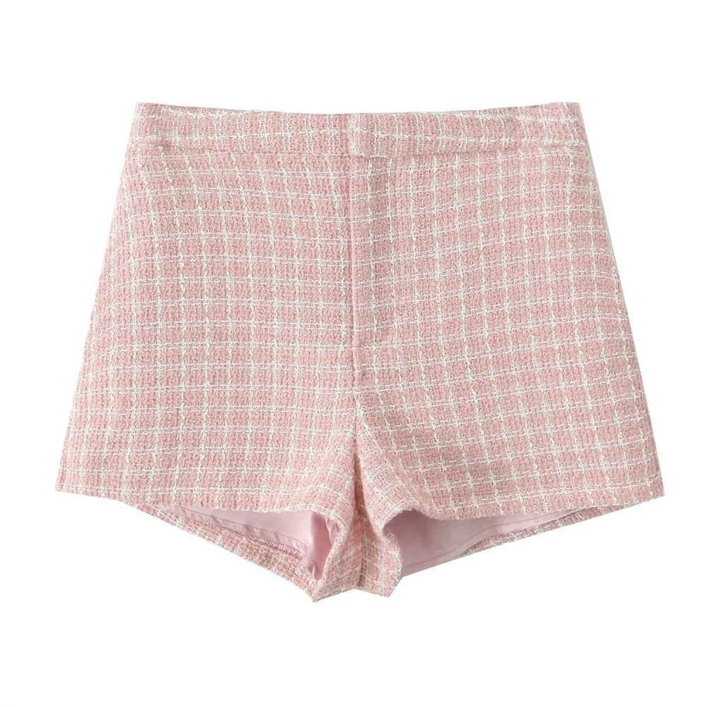 2 pieces 1 Set  French Style Retro Pink Plaid Woven Tweed Blazer + High Waist Mini Shorts Pants Suits