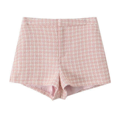 2 pieces 1 Set  French Style Retro Pink Plaid Woven Tweed Blazer + High Waist Mini Shorts Pants Suits