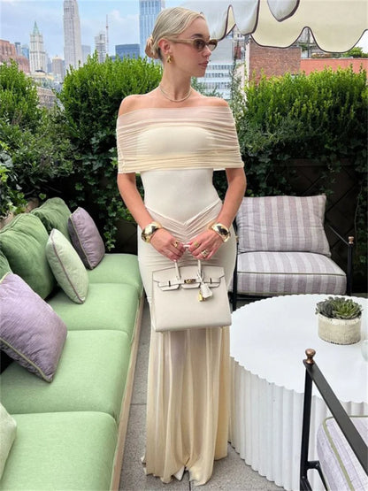 Autumn Mesh 2 Piece-Set Long Dress Women Off-Shoulder Pleated Elegant Bandeau Dress See-Through Female Maxi Dress Outfits