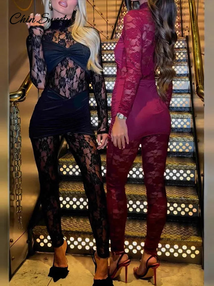 Mono sexy de encaje de manga larga de una pieza para mujer, mono ajustado con cuello alto, mono transparente para fiesta y club, primavera 2025