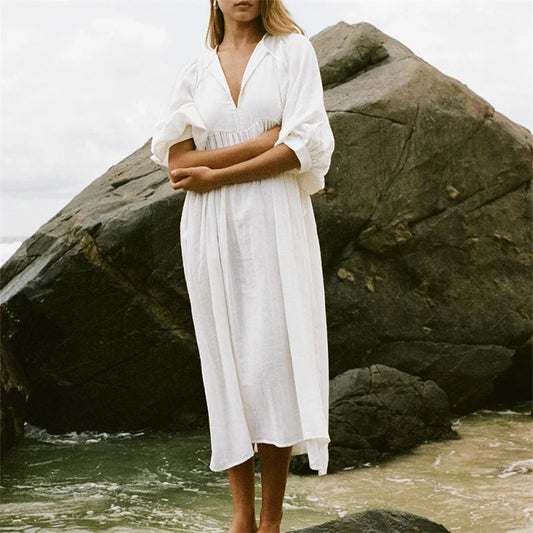 Beach Party Dress Women  Summer Solid Color Round Neck Tie Front Puff 3/4 Sleeve Loose Midi Dress Vacation Dresses