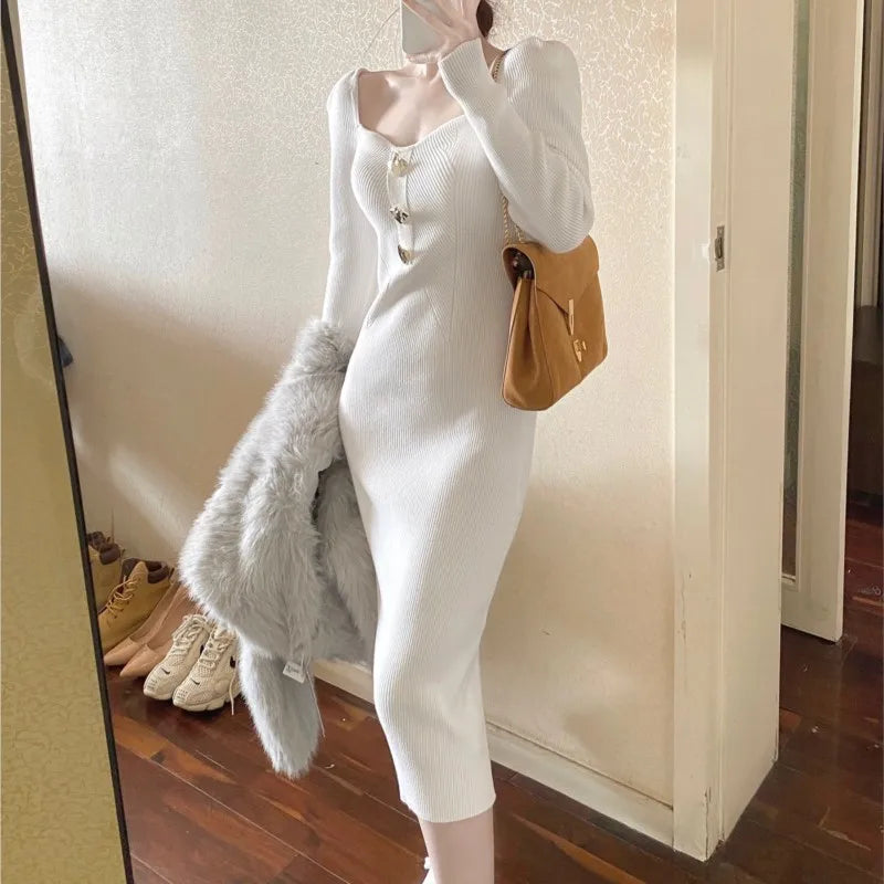 Autumn Winter New Knitted Dresses for Women Solid Square Collar Slim Bodycon Vintage Chic Korean Fashion Midi Vestidos Mujer