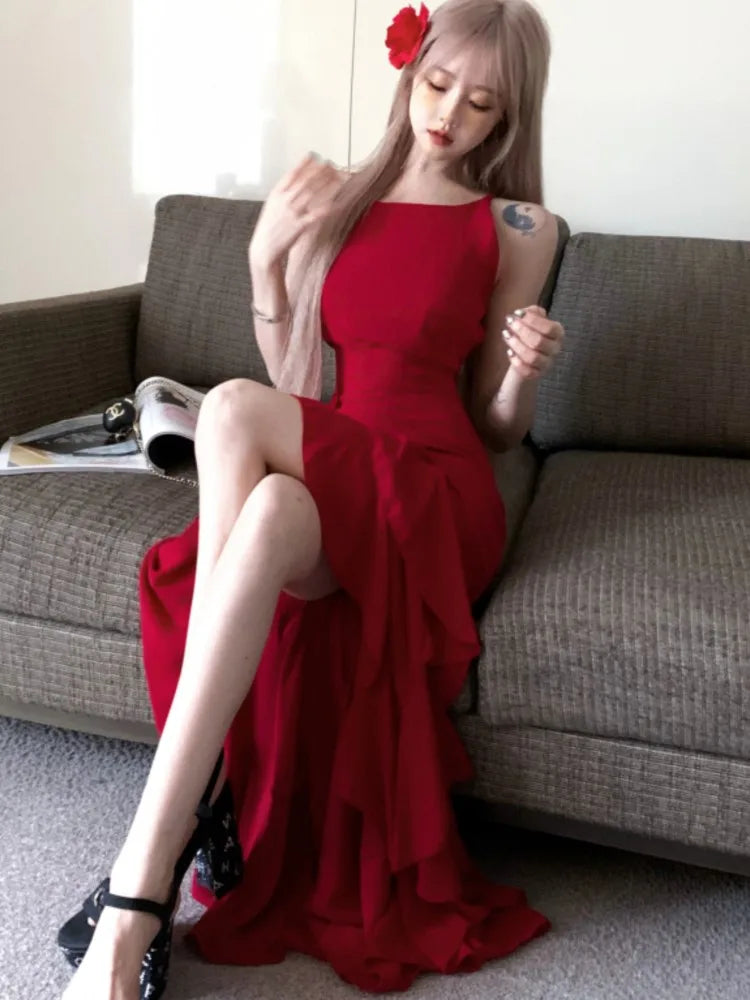 Y2K Red Irregular Womens Dresses Sexy Spaghetti Strap Sleeveless Ruffles Birthday Party Dress Summer Slim Casual Vestidos Mujer