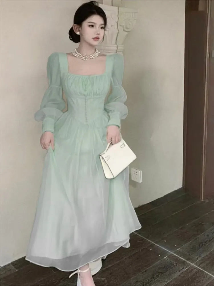 Vestidos midi de princesa de otoño para mujer, cuello cuadrado, cintura estrecha, mangas abullonadas, ropa vintage elegante para mujer, vestido de una pieza