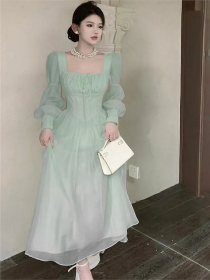 Vestidos midi de princesa de otoño para mujer, cuello cuadrado, cintura estrecha, mangas abullonadas, ropa vintage elegante para mujer, vestido de una pieza