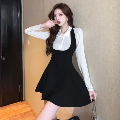 Autumn New Two-piece Skirt Sets Women Long Sleeve White Blouse High Waist Halter Mini Dress Korean Fashion Y2K Harajuku Outfits