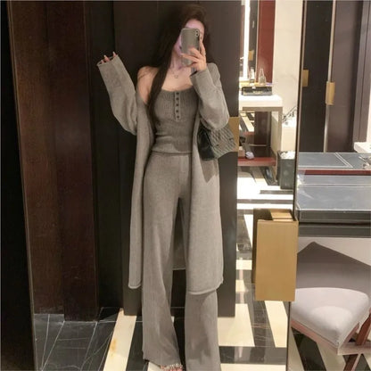 Conjunto de 3 piezas de punto para mujer, chaleco con cuello halter, cárdigan largo, pantalones largos, ropa informal lisa de moda coreana, otoño e invierno, nuevo