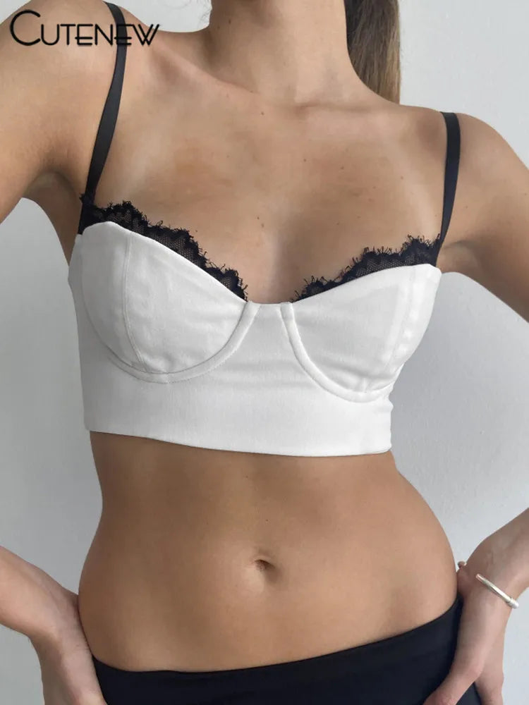 Y2K - Camiseta sin mangas con tirantes y retazos para mujer, camisola sexy de verano, sin mangas, ajustada, de encaje blanco, informal, ropa de calle