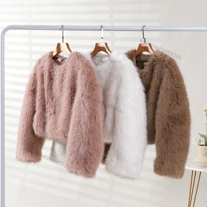 Brand Fashion  Winter Sweet Pink Cropped Faux Fur Coat Women Streetwear Ins Chic Girls Fluffy Fox Fur Jacket Female