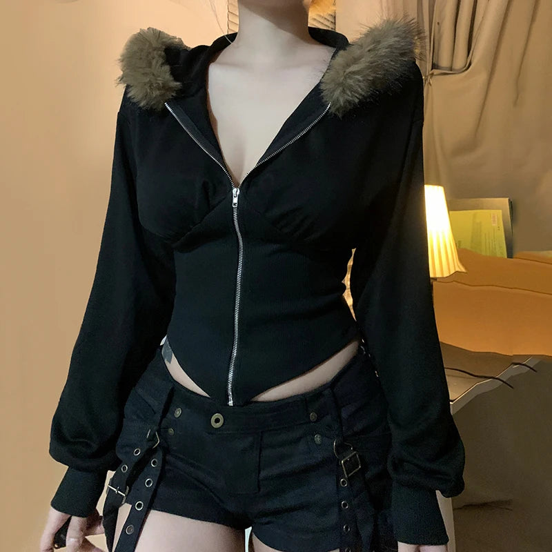 Cárdigan con capucha y ribete de piel Y2K para mujer, chaqueta corta ajustada negra básica, abrigo vintage de los años 90 con cremallera, ropa de calle Harajuku