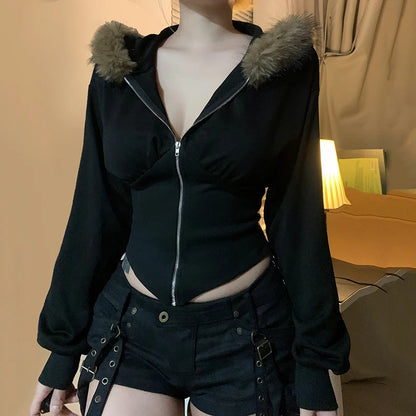 Cárdigan con capucha y ribete de piel Y2K para mujer, chaqueta corta ajustada negra básica, abrigo vintage de los años 90 con cremallera, ropa de calle Harajuku