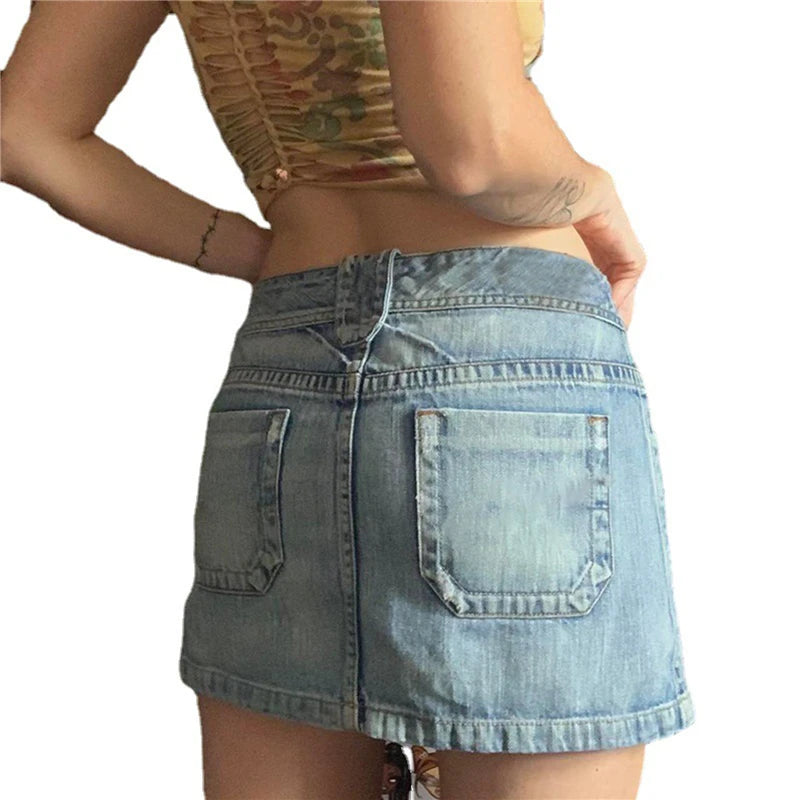 2000s Aesthetic Denim Skirt y2k Women Grunge Harajuku Short Mini Jeans Skirt with Pockets Korean Fashion Streetwear