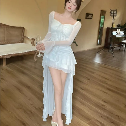 Vestido de fiesta de noche irregular Y2K de malla de manga larga con cuello cuadrado y volantes, corte en A, sexy, moda coreana