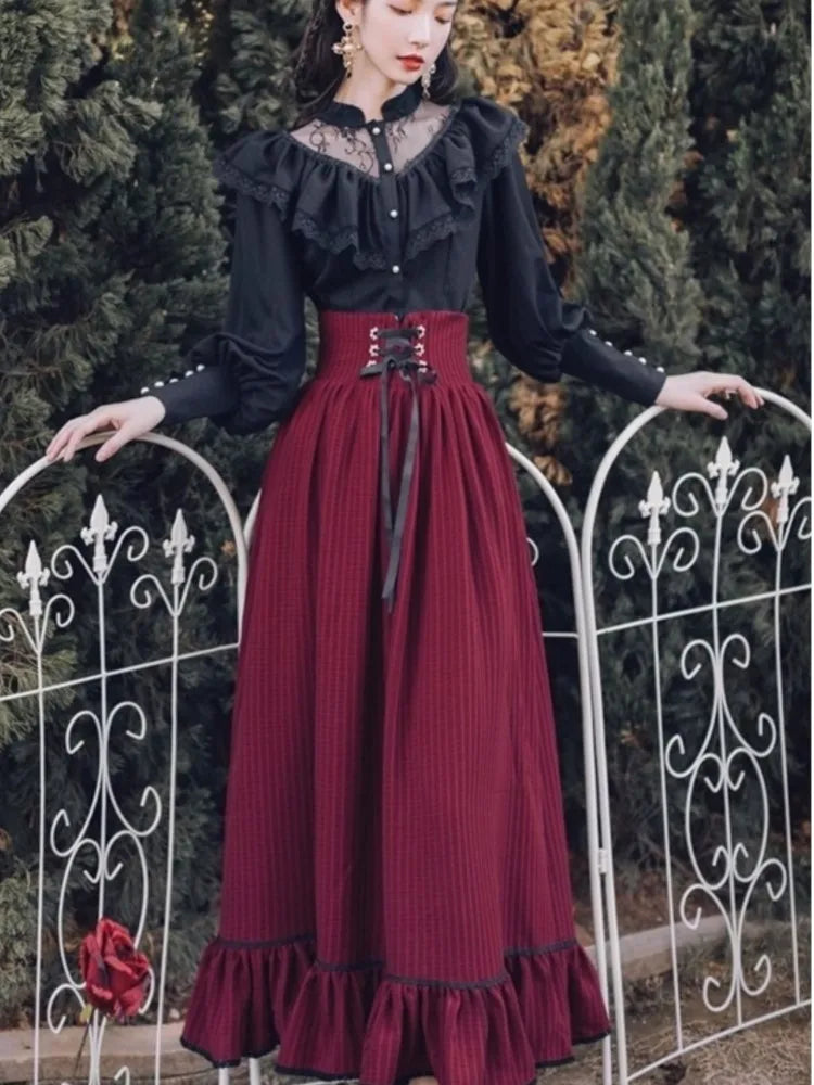 Conjuntos de falda gótica vintage de dos piezas para mujer, blusa con volantes de encaje negro, falda midi con cordones, trajes retro de otoño, atuendos Y2K