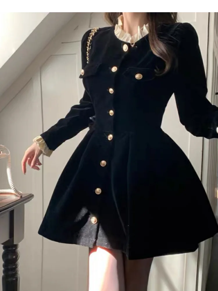Vestidos de terciopelo negro de otoño para mujer, vestido de fiesta de noche de una sola botonadura de manga larga, moda coreana, vestido de línea A para mujer, nuevo