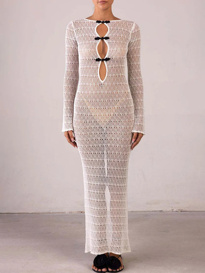 Hollow Slit Long Dress Women’s Beach Cover-up Bohemian Dress Floor-length Backless Mermaid Evening Gown Sexy Knit Dress