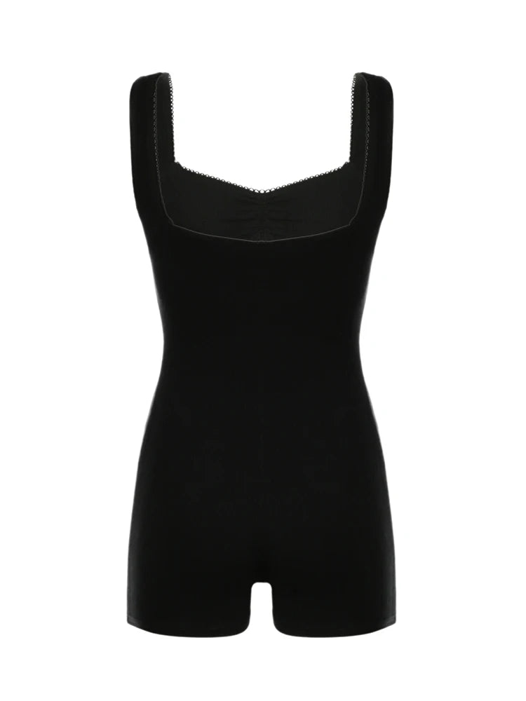 Mono de verano ajustado sin mangas con cuello cuadrado y fruncido para mujer, mono negro liso sencillo básico informal para vacaciones
