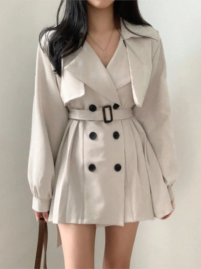 Gabardina elegante y plisada de estilo coreano para mujer, vestido con cinturón, cuello vuelto, doble botonadura, liso, para otoño