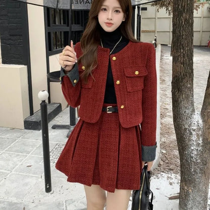 Autumn Winter New Red Tweed Two-piece Skirt Set Women Short Jacket Coat Pleated Mini Skirt Korean Fashion Chic Female Outfits