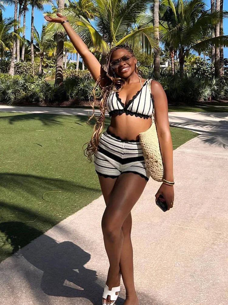 Ruffled Striped Bikini 2 Piece-Set Female Boho Contrast Lace-Up V-Neck Top And Shorts Sets Beach Holiday Outfits Summer