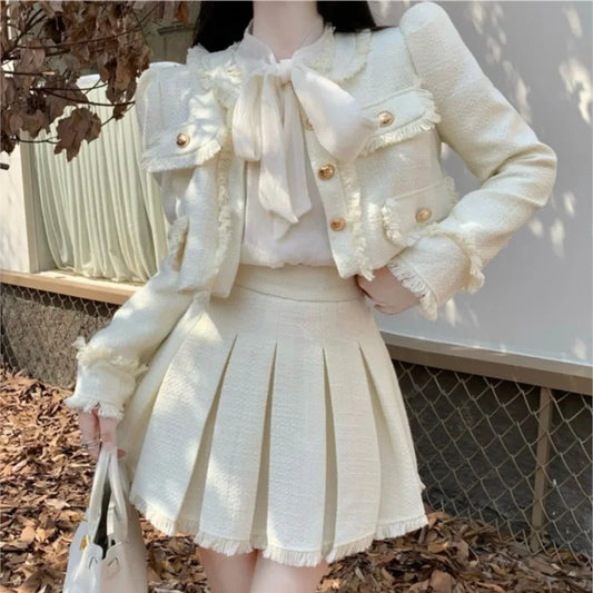 Autumn New French Vintage Tweed Two-Piece Skirt Set Women Short Jacket Coat + Pleated Mini Skirt Suits Korean Luxury Outfits