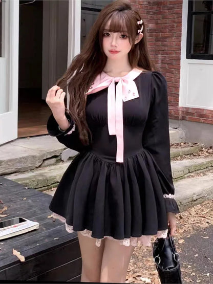 Y2K Black Short Dresses for Women Lace Ruffles Patchwork Long Sleeve A-line Princess Party Dress Korean One Piece Vestido New