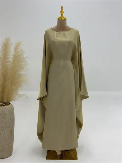 Autumn Loose Shiny Maxi Dress Women’s Butterfly Batwing Long Sleeve Muslim Clothes Party Dress Solid Female Long Dress New