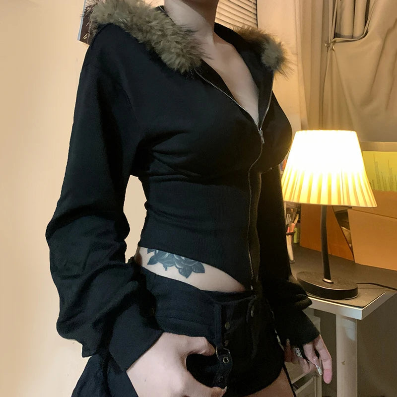 Cárdigan con capucha y ribete de piel Y2K para mujer, chaqueta corta ajustada negra básica, abrigo vintage de los años 90 con cremallera, ropa de calle Harajuku