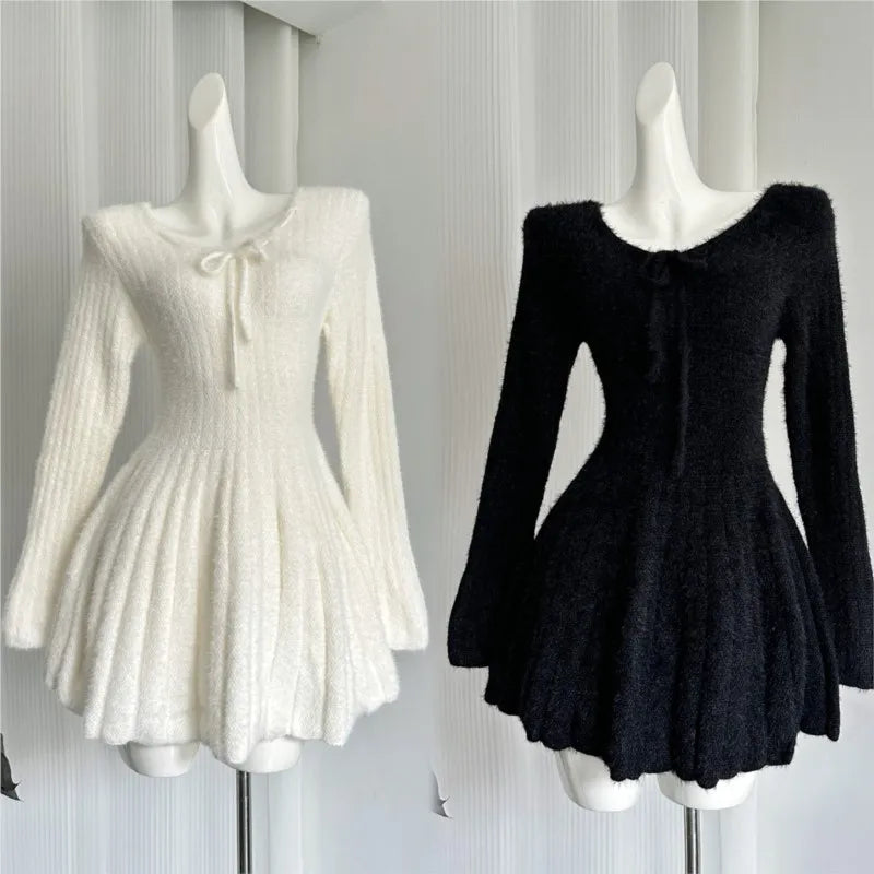 Autumn Winter Sexy Elegant Knitted Dresses for Woman Y2K Harajuku Slim Sweater Dress New Solid Chic Mini Party Dress