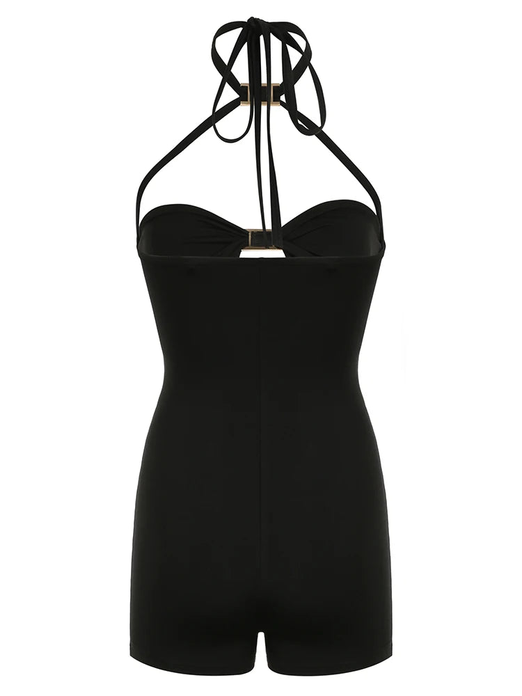 Mono ajustado con cuello halter, sexy, calado y con lazo, sin mangas, para mujer, ideal para vacaciones de verano